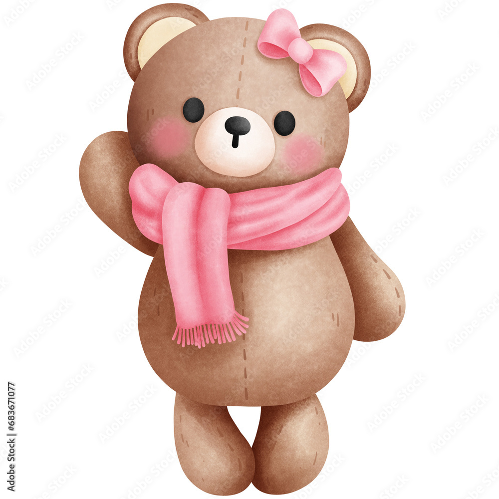 Fototapeta premium Cute baby teddy bear in pink scarf and bow illustration. Newborn teddy bear girl clipart.Baby nursery decor.Baby shower invitation.
