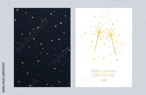 Greeting card Merry Christmas and Happy New Year with sparklers. Black background with a pattern of gold stars.