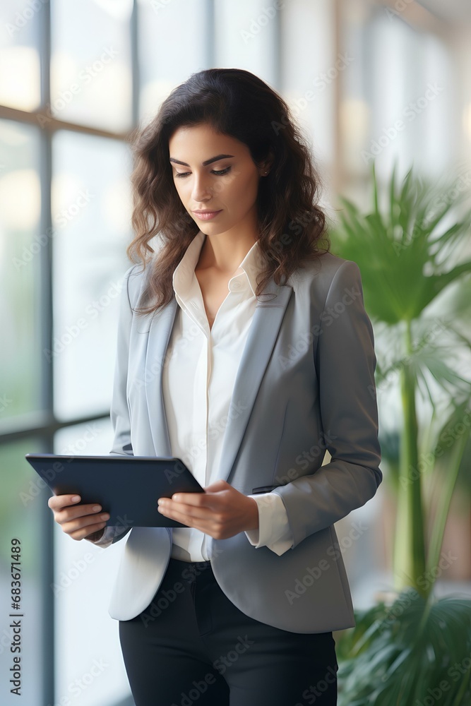 Busy young business woman executive holding pad computer at work. female professional employee using digital tablet fintech device standing in office checking financial online data. generative AI Busy young business woman executive holding pad computer at work. female professional employee using digital tablet fintech device standing in office checking financial online data. generative AI