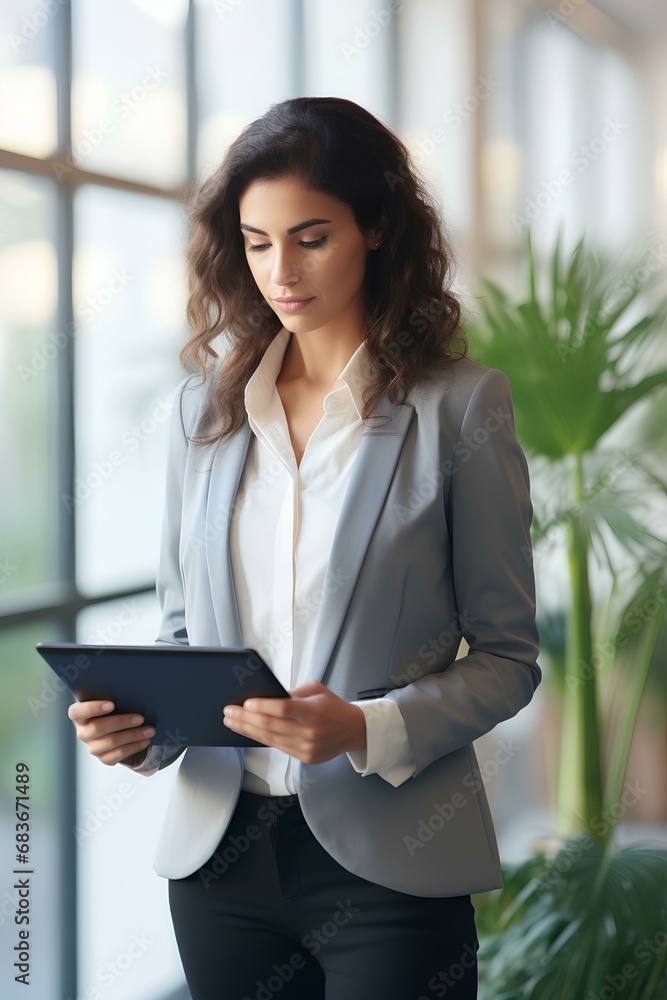 Busy young business woman executive holding pad computer at work. female professional employee using digital tablet fintech device standing in office checking financial online data. generative AI