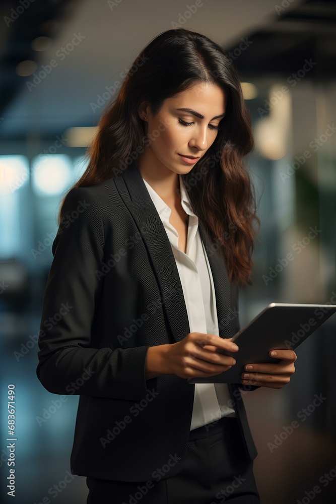 Busy young business woman executive holding pad computer at work. female professional employee using digital tablet fintech device standing in office checking financial online data. generative AI