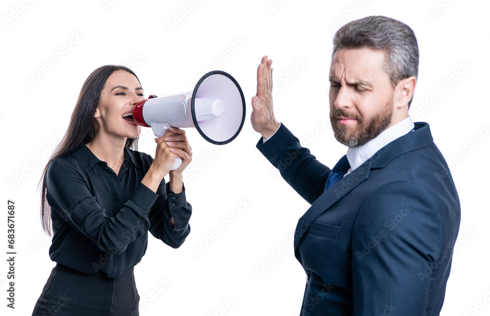 businesswoman yelling at employee with loudspeaker. businesspeople partner having conflict about promotion. businesspeople solving conflict. rivalry concept. business conflict. rejecting the blame businesswoman yelling at employee with loudspeaker. businesspeople partner having conflict about promotion. businesspeople solving conflict. rivalry concept. business conflict. rejecting the blame