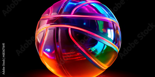 A glass ball with blue and pink lines on it,, Fiery 3D Basketball Ball in Vibrant Flames Generative Ai