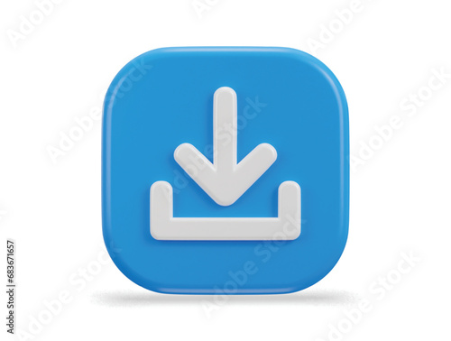3D download icon button. Upload icon. Download symbol, sign. Down arrow bottom side symbol