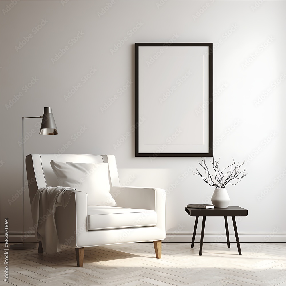 Interior design of modern living room with empty blank mock up poster frame. Minimalist and aesthetic interior with photo mockup Interior design of modern living room with empty blank mock up poster frame. Minimalist and aesthetic interior with photo mockup