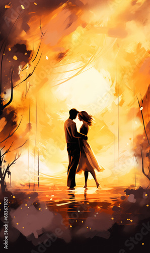 Wedding couple in love on background of an orange sunset. Valentine's Day.