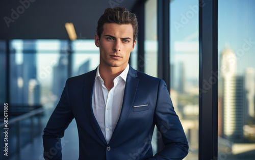 a clean shaven young male model wearing formal navy blazer, luxury corporate boardroom with skyscrapers in background