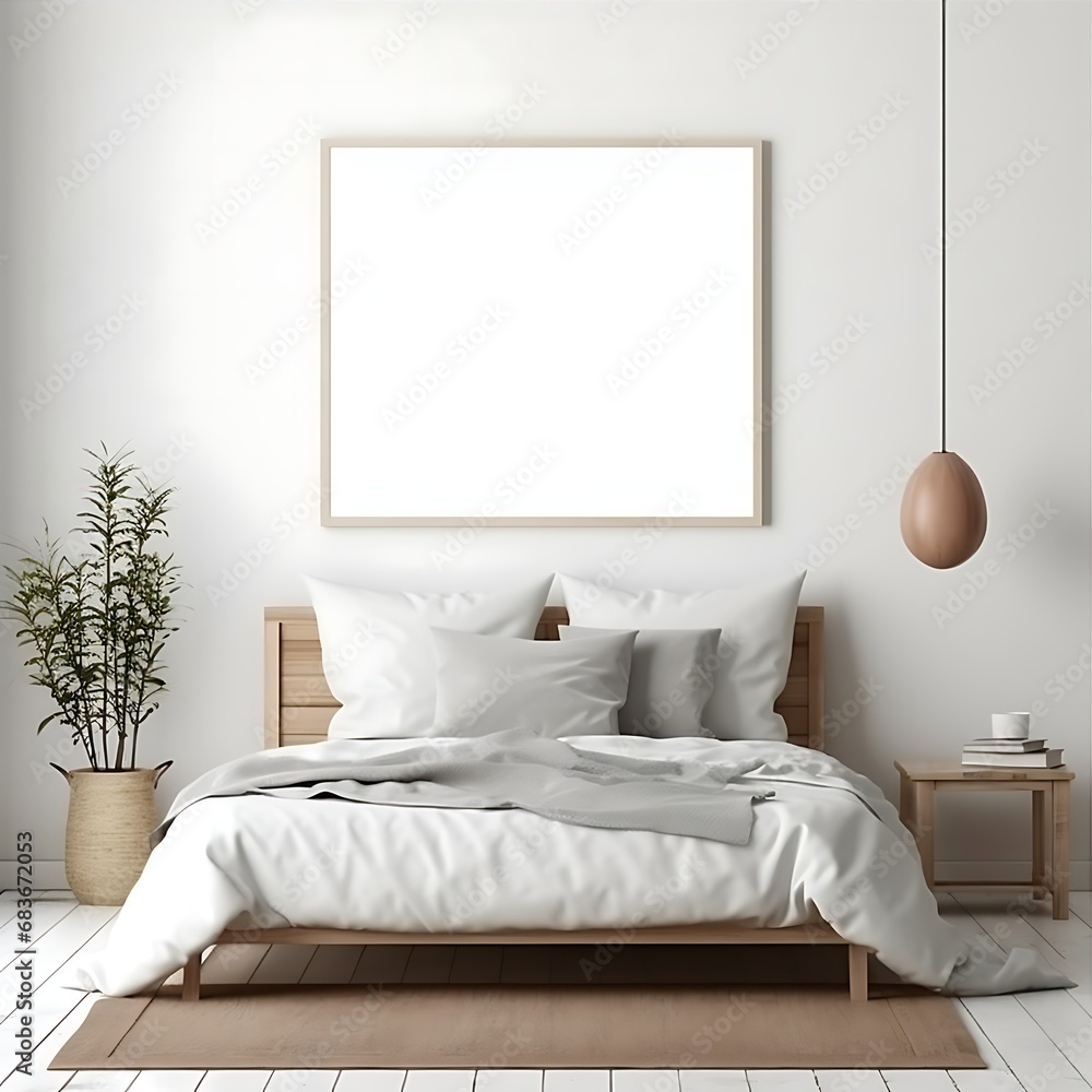 Naklejka premium Blank vertical poster frame mockup hanging on the white cozy bedroom interior. Mock up blank poster.