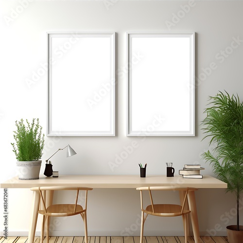 Blank vertical poster frame mockup hanging on the work stationery interior background. Frame Mockup Luxurious with white wall background © dwiadi14