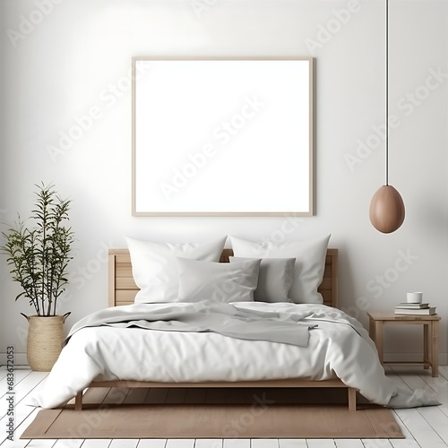 Blank vertical poster frame mockup hanging on the white cozy bedroom interior. Mock up blank poster. © dwiadi14