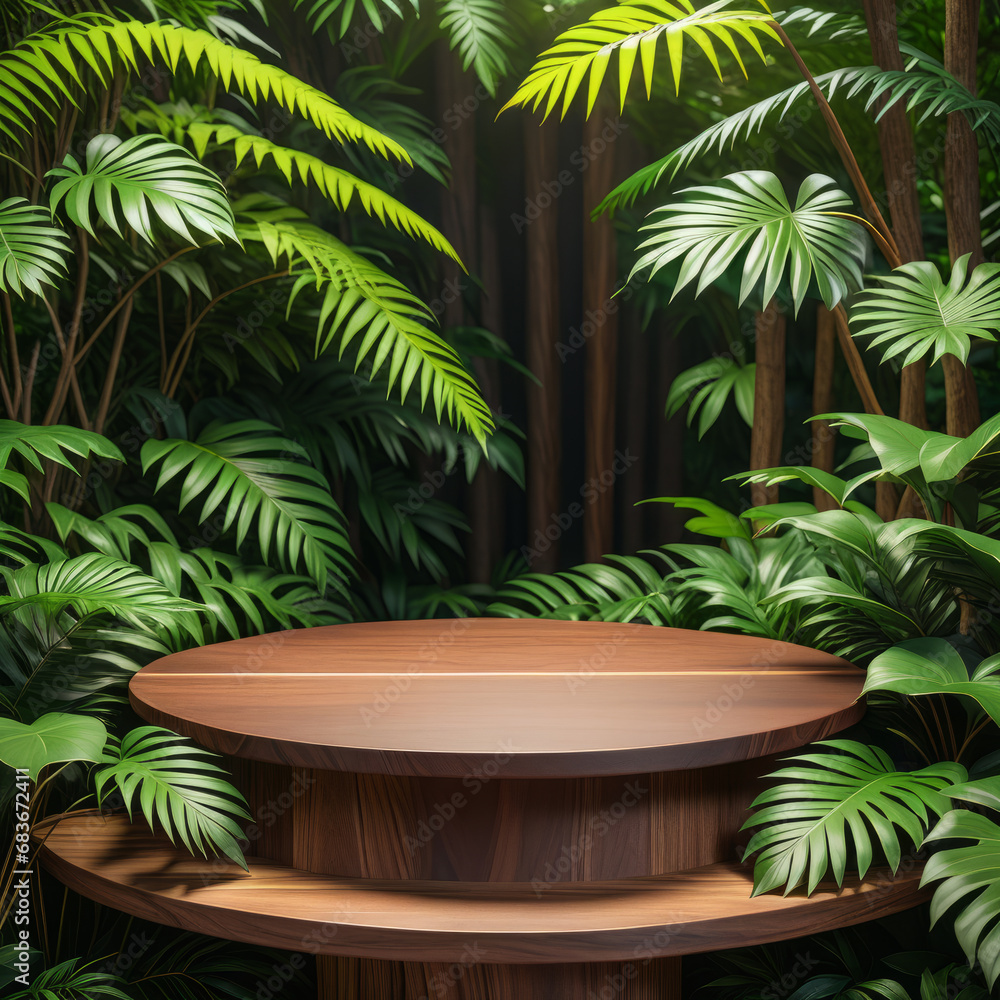 Wooden Podium Elegance: Side View of Product Display on Leafy Background - Natural Aesthetics Stock Image Wooden Podium Elegance: Side View of Product Display on Leafy Background - Natural Aesthetics Stock Image
