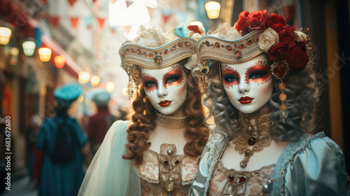 Venetian epoch costumes for carnivals and masquerade balls. Elegance, mystery and style at the famous Venice carnival. Art generative AI © lensofcolors