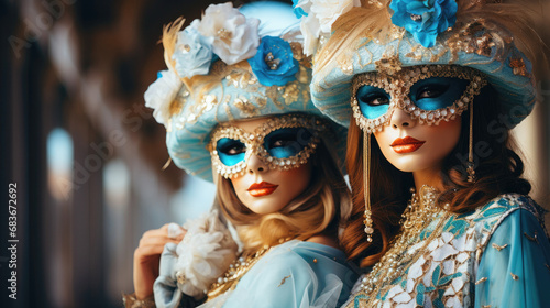 Two ladies in epoch costumes for the Venetian carnival and masked ball. Elegance, mystery and style at the famous Venice carnival. Art Generative AI photo