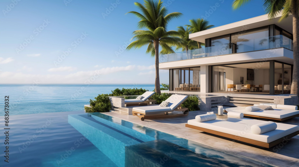 Hyper realistic Minimal 3D rendering of a modern house or luxury hotel with a view of the sky and sea