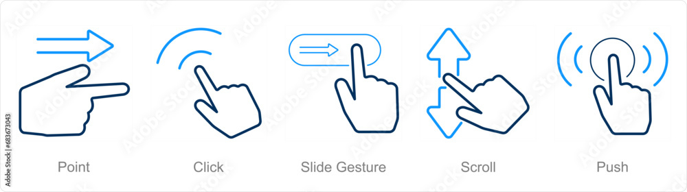 A set of 5 Hands icons as point, click, slide gesture, scroll A set of 5 Hands icons as point, click, slide gesture, scroll