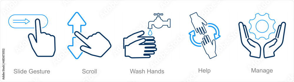 A set of 5 Hands icons as slide gestures, scroll, wash hands A set of 5 Hands icons as slide gestures, scroll, wash hands
