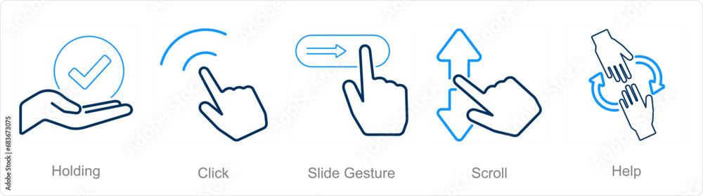 A set of 5 Hands icons as holding, click, slide gesture A set of 5 Hands icons as holding, click, slide gesture
