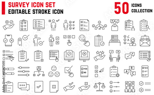 Survey editable stroke icon collection contains icons such as feedback, opinion, rating, checklist, testimonials, outstanding performance, poll, satisfaction and more. Review & feedback thin line icon
