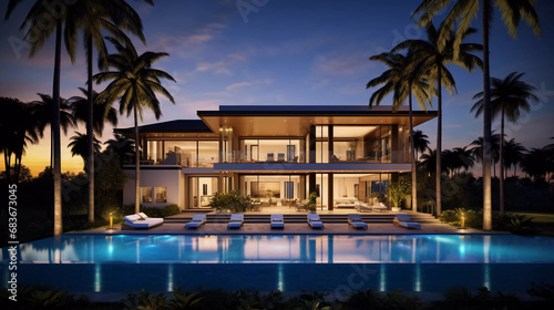 Hyper realistic Minimal 3D rendering of a modern house or luxury hotel with a view of the sky and sea © Johannes