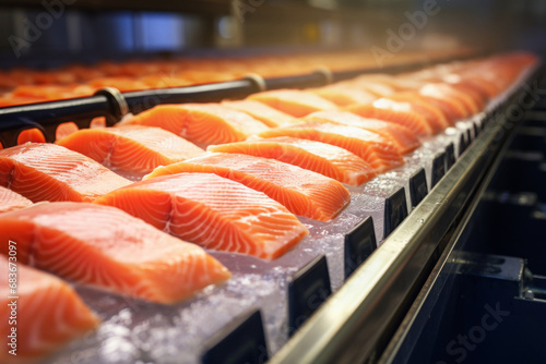 A production line of fresh salmon fillets at a fish processing factory. Close-up.