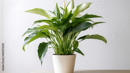 A peace lily plant in a white flower pot photo