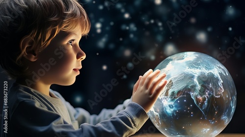 A child reaches out and touches a planet from the side