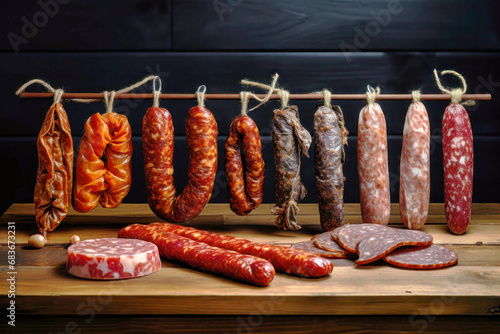 Various types of sausages hanging from a rack. Dried sausage of various varieties. Variety of meat products. Home production.