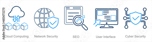 A set of 5 Hard Skills icons as cloud computing, network security, seo photo