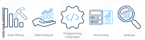 A set of 5 Hard Skills icons as data mining, data analysis, programming languages