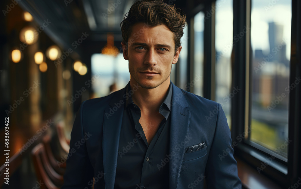 a clean shaven young male model wearing formal navy blazer, luxury corporate boardroom with skyscrapers in background a clean shaven young male model wearing formal navy blazer, luxury corporate boardroom with skyscrapers in background