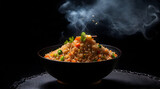 Delicious fried rice with vegetables, corn, green bean and spice - steamed - isolated on black background. Healthy Chinese and Asian food