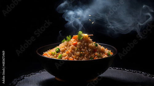 Delicious fried rice with vegetables, corn, green bean and spice - steamed - isolated on black background. Healthy Chinese and Asian food