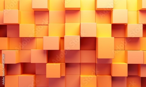 Neatly Constructed Multisized Cube Wall. Yellow and Coral, Contemporary Tech Background. 3D Render, Generative AI