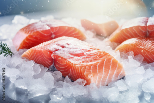 Close-up of fresh chilled fish. Trout or salmon fillet. Red fish ready to eat.