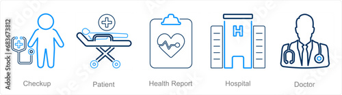 A set of 5 Health Checkup icons as checkup, patient, health report