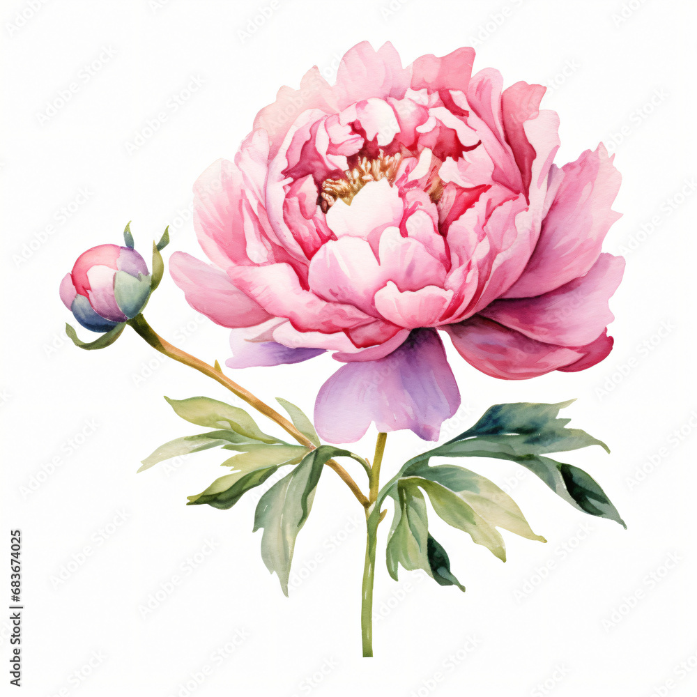 Watercolor Pink Peony isolated on white background