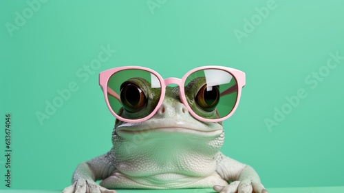 animal concept. frog in sunglass shade glasses isolated on solid pastel background, commercial, editorial advertisement, surreal surrealism