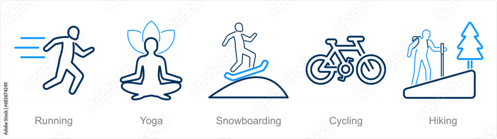 A set of 5 Hobby icons as running, yoga, snowboarding A set of 5 Hobby icons as running, yoga, snowboarding