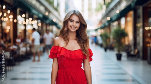Cheerful young lady in ruddy dress strolling in advanced area in resort town travel and holiday concept