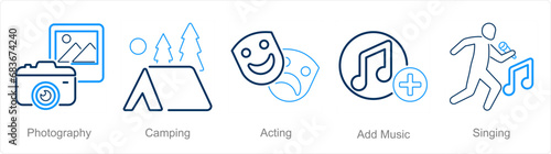 A set of 5 Hobby icons as photography, camping, acting