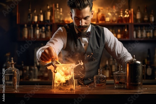 Portrait of handsome barman making cocktail at bar counter in night club, Bartender pouring a cocktail, AI Generated