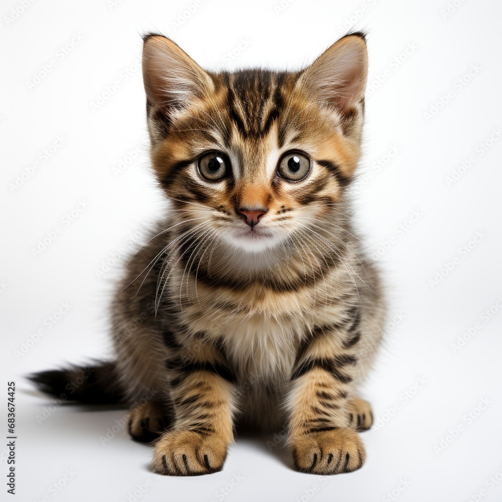 Cute Tabby Kitten On White Background, Isolated On White Background, For Design And Printing
