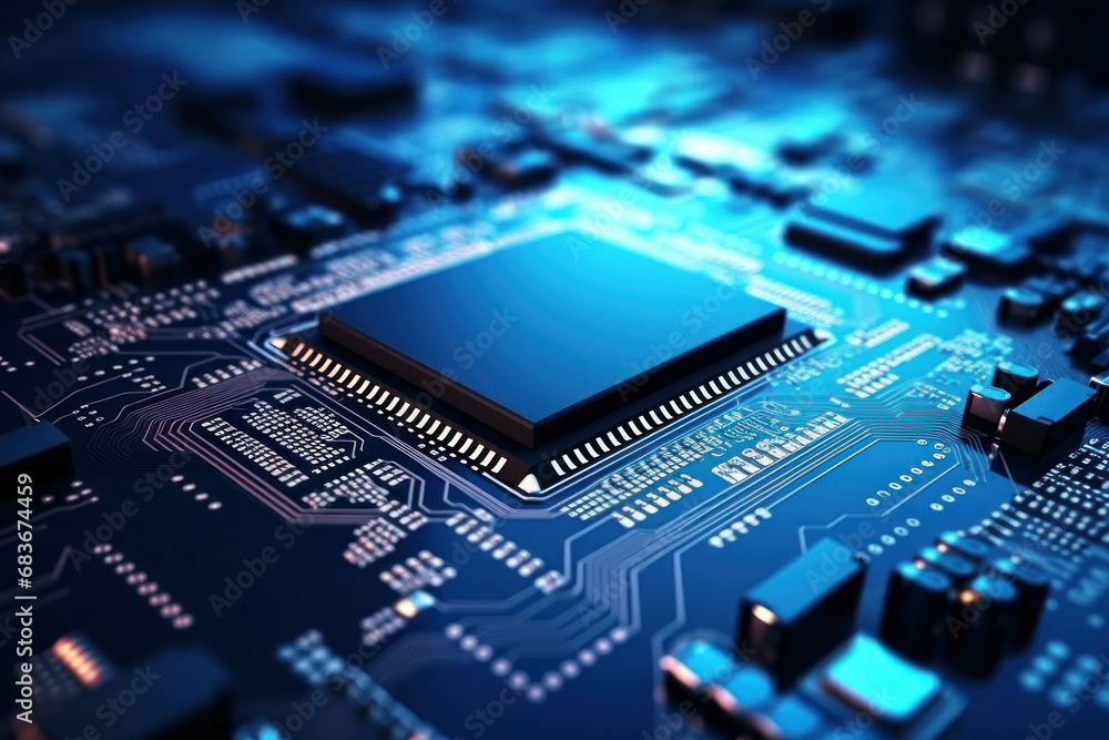 A powerful computer processor or chip on a motherboard. Modern technologies. Blue background. Development of computer technologies. A powerful computer processor or chip on a motherboard. Modern technologies. Blue background. Development of computer technologies.