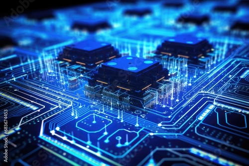 Circuit board with microchips and electronic components. 3d rendering, Big data flow with cyber blockchain on a circuit board incorporating a blue network system, AI Generated