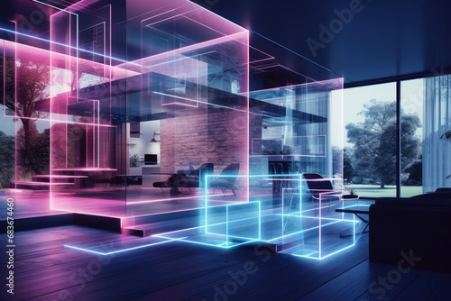 Interior of modern office with brick walls, wooden floor, white computer table with black chairs and glass doors. 3d rendering toned image double exposure, Beautiful, AI Generated © Ifti Digital