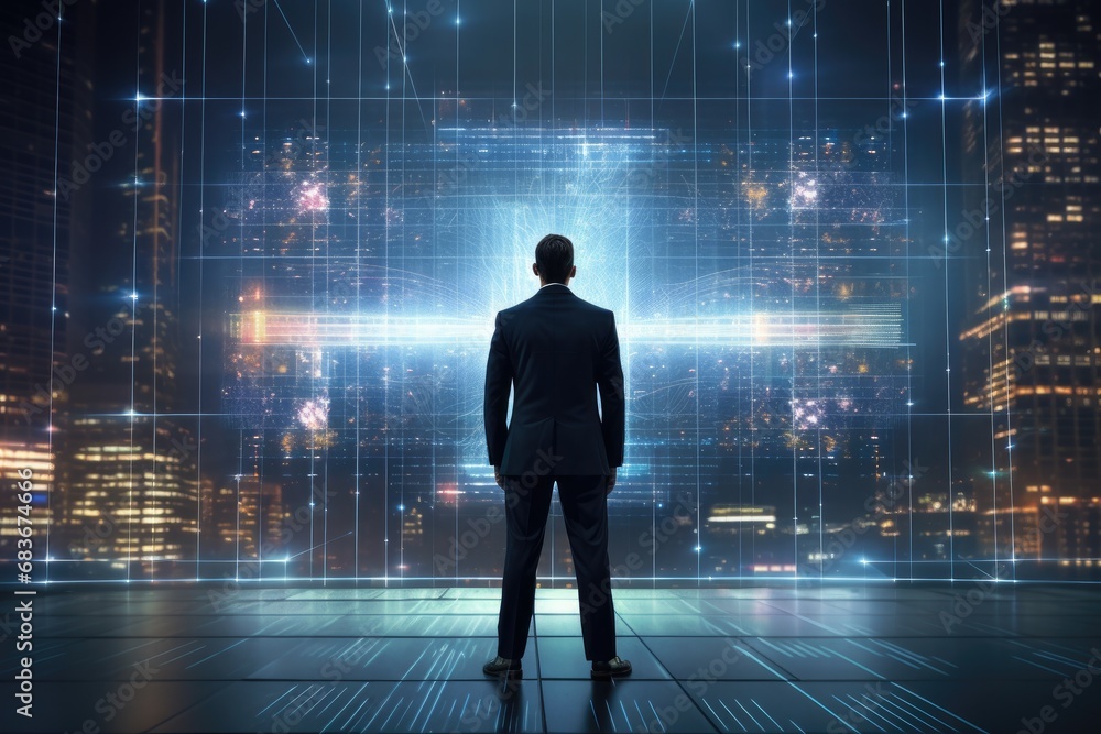 Businessman standing with back and looking at night city. Future concept, Businessman standing in front of a digital big screen hologram displaying business data, AI Generated Businessman standing with back and looking at night city. Future concept, Businessman standing in front of a digital big screen hologram displaying business data, AI Generated