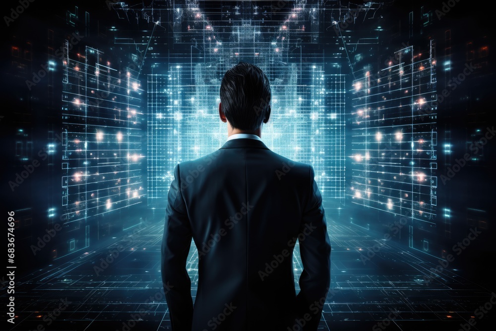 Back view of businessman looking at virtual panel with binary code on dark background, Businessman using advanced AI technology against a black background, captured from the rear view, AI Generated Back view of businessman looking at virtual panel with binary code on dark background, Businessman using advanced AI technology against a black background, captured from the rear view, AI Generated