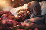 Love lives forever. Senior dark skinned couple at home. Handsome elderly man and attractive old woman are enjoying spending time together while lying in bed.