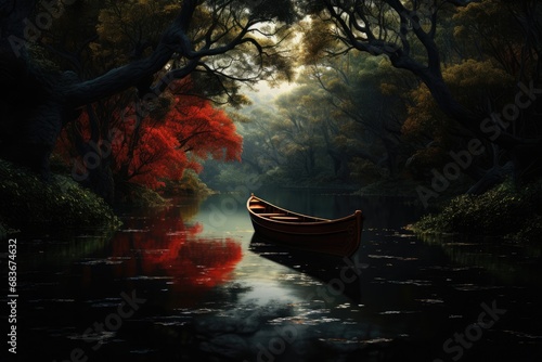 Fantasy landscape with a wooden boat on the lake. 3d render, boat on the river, AI Generated