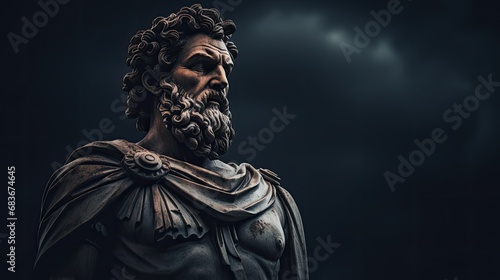 strong stoic greek or roman male statue with a semidark background photo